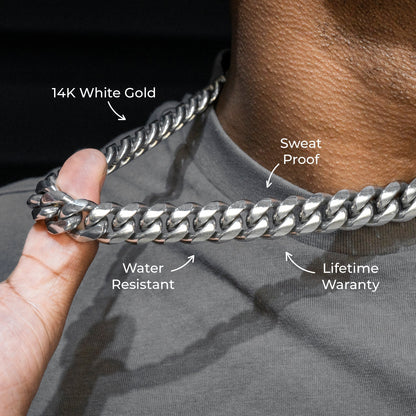Gold Jewelry -  Mens 14K White Gold Solid Miami Cuban Link Chain