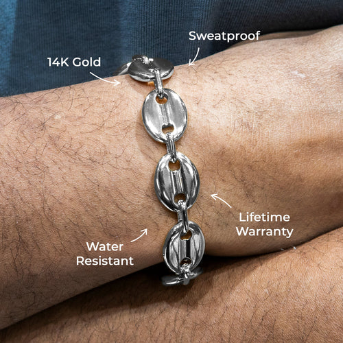 Gold Jewelry -  Mens 14K White Gold Puff Bracelet