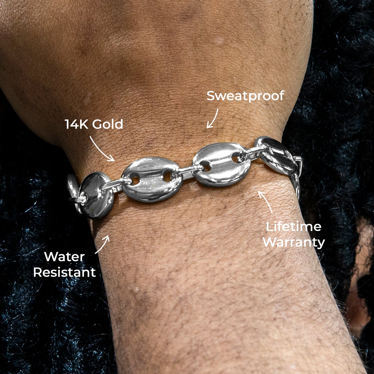 Gold Jewelry -  Mens 14K White Gold Puff Bracelet