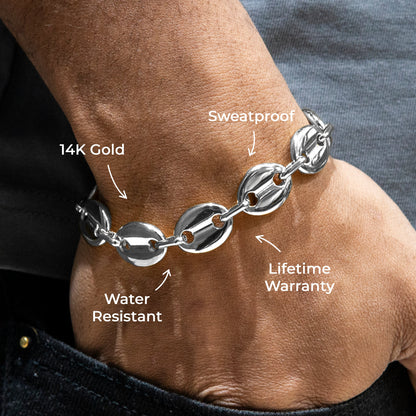 Gold Jewelry -  Mens 14K White Gold Puff Bracelet