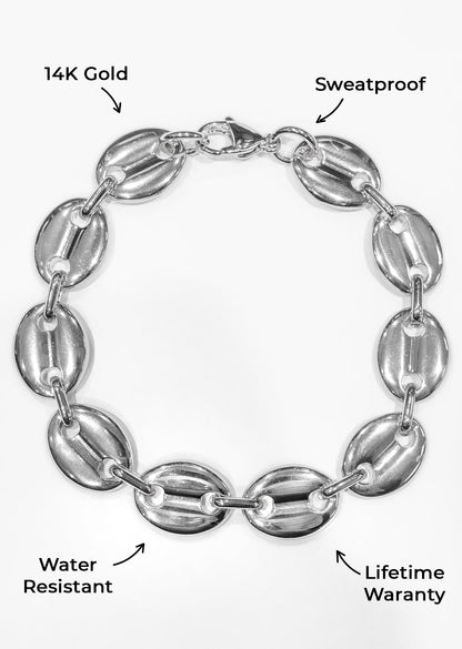 Gold Jewelry -  Mens 14K White Gold Puff Bracelet