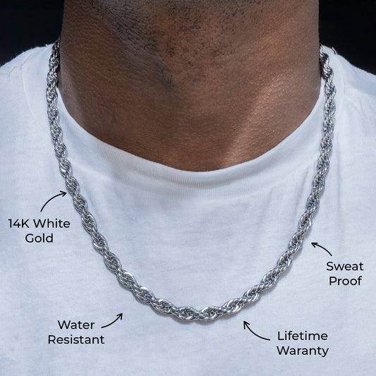 Gold Jewelry -  Mens 14K White Gold Solid Rope Chain