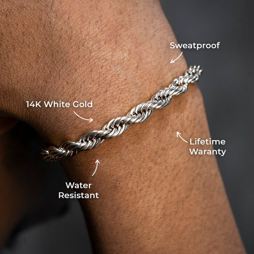 Gold Jewelry -  Mens 14K White Gold Solid Rope Bracelet