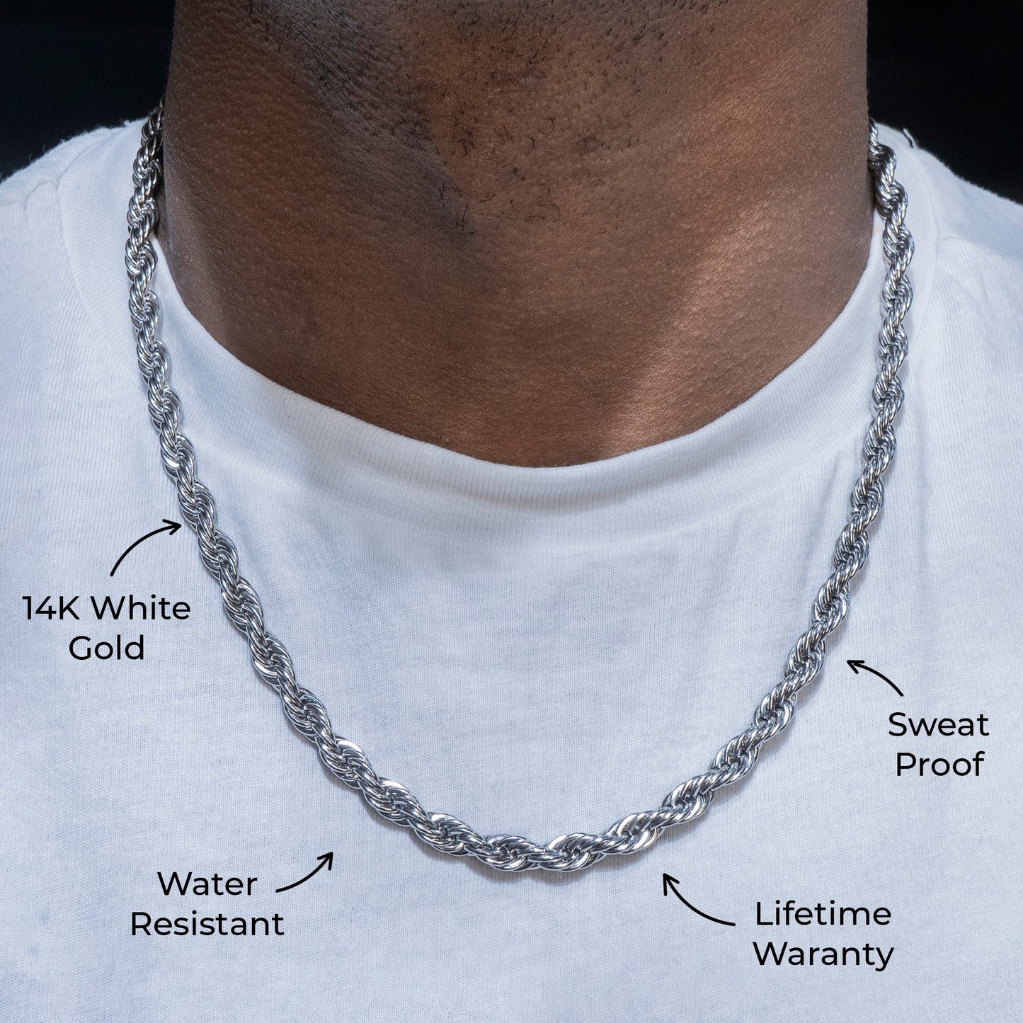 Gold Jewelry -  Mens 14K White Gold Solid Rope Chain