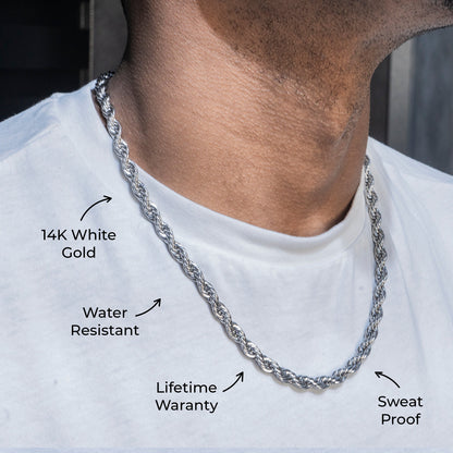 Gold Jewelry -  Mens 14K White Gold Solid Rope Chain