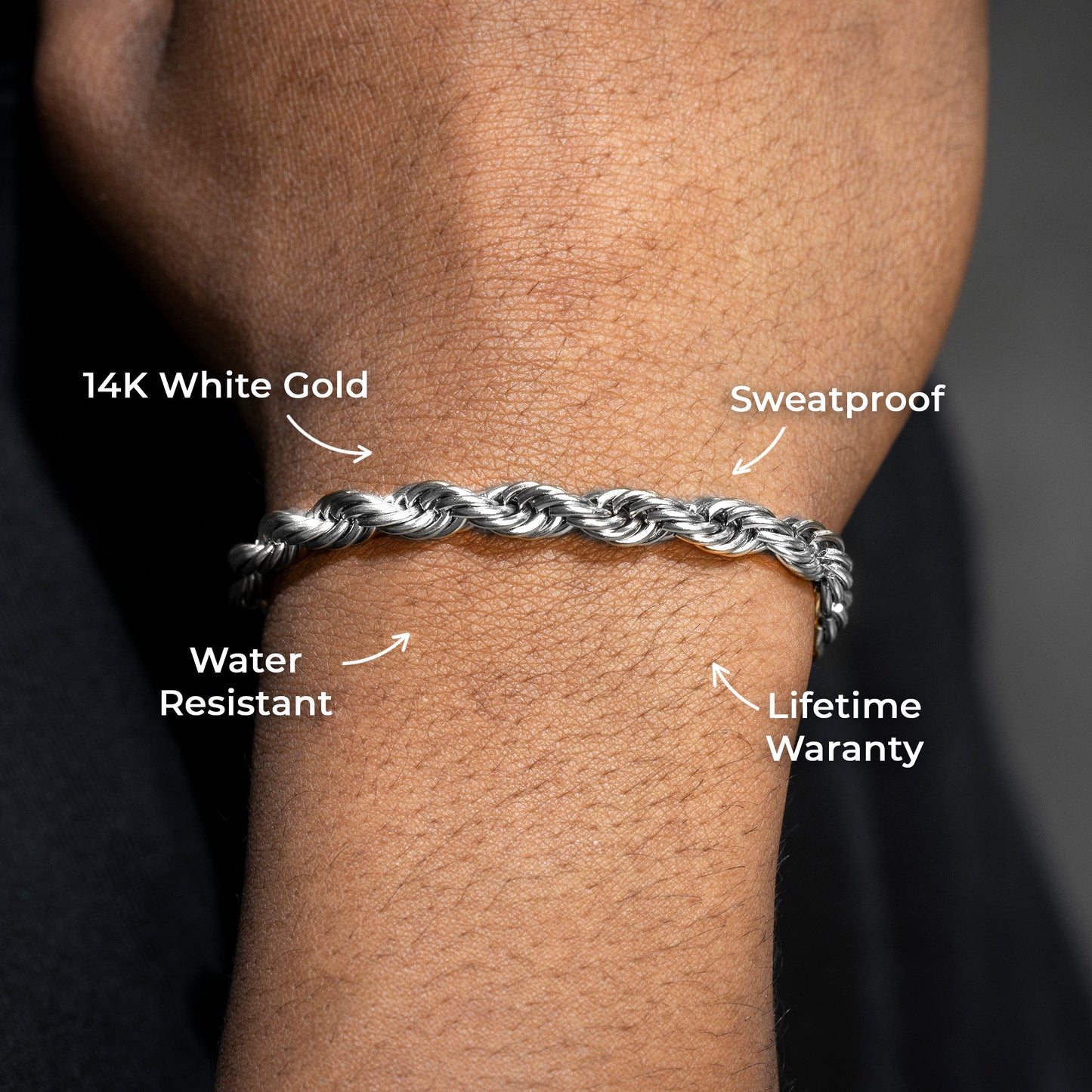 Gold Jewelry -  Mens 14K White Gold Solid Rope Bracelet