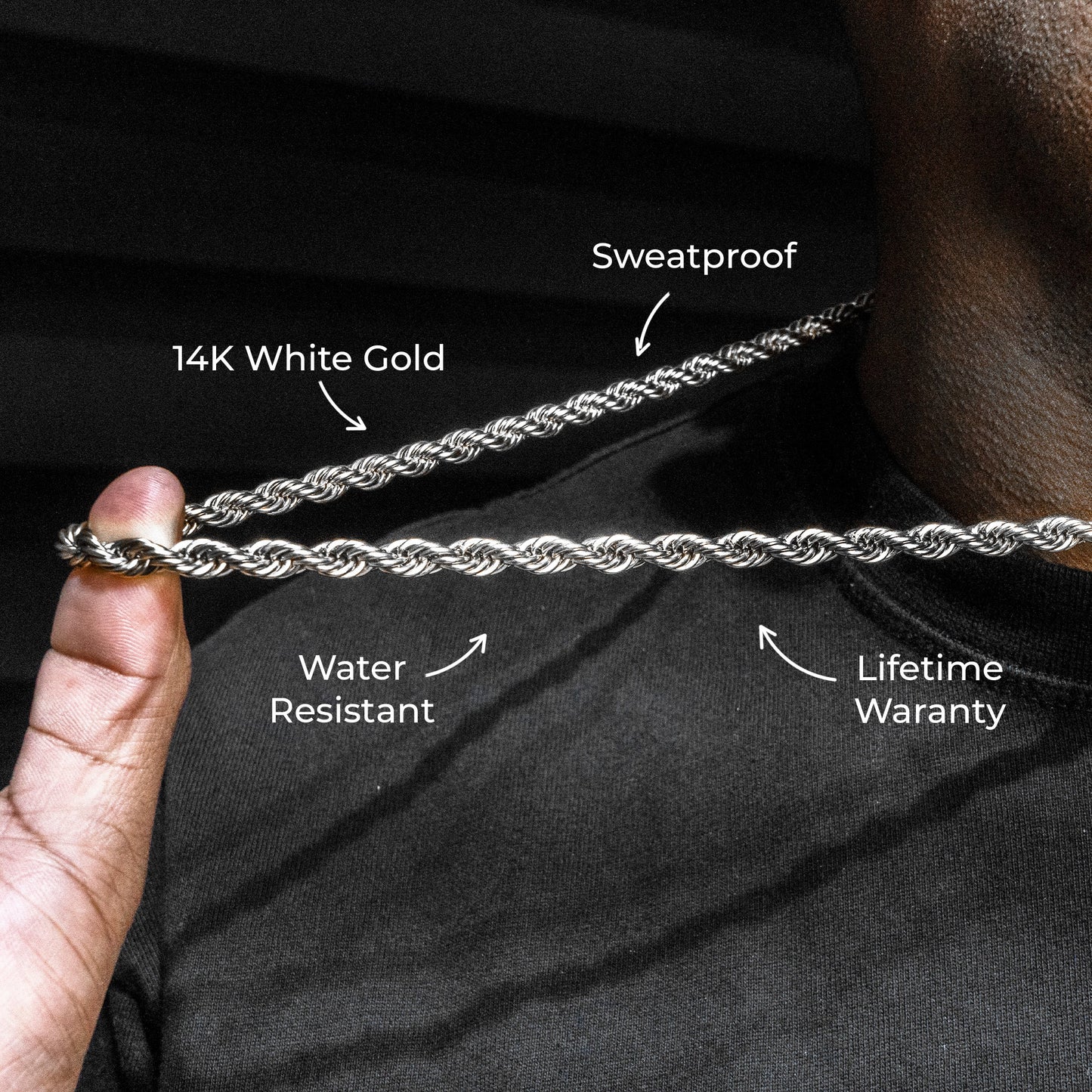 Gold Jewelry -  Mens 14K White Gold Solid Rope Chain