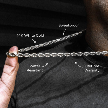 Gold Jewelry -  Mens 14K White Gold Solid Rope Chain