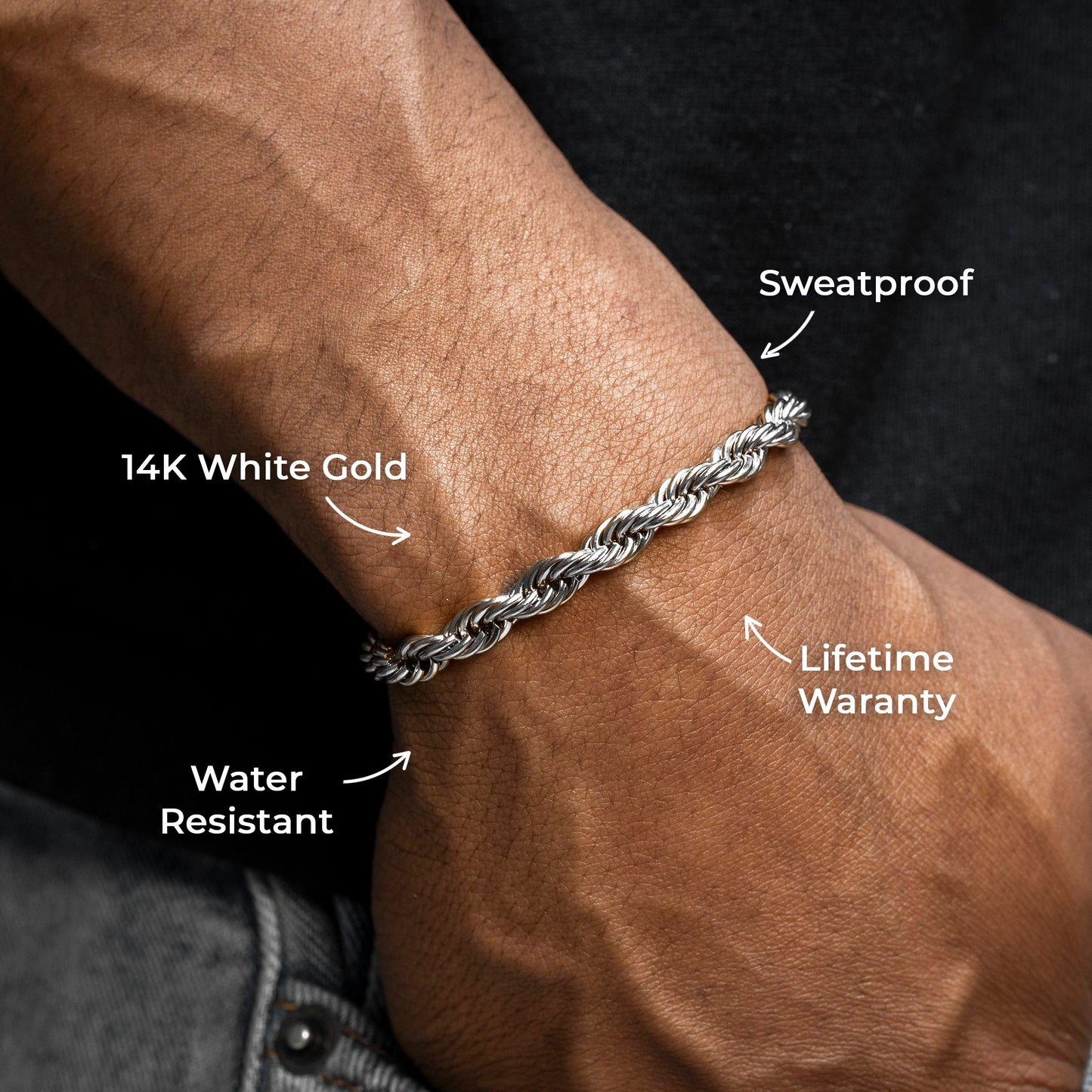 Gold Jewelry -  Mens 14K White Gold Solid Rope Bracelet