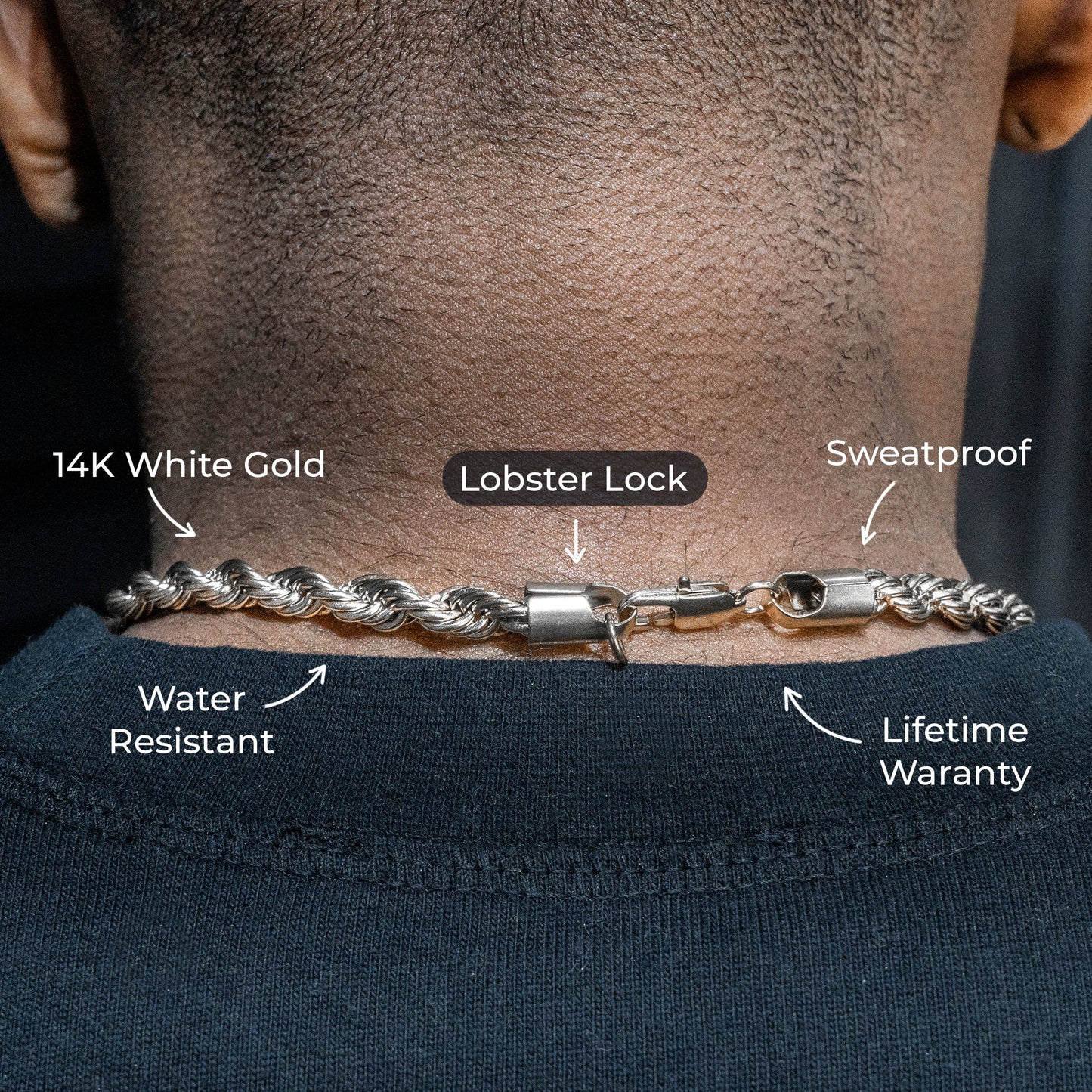 Gold Jewelry -  Mens 14K White Gold Solid Rope Chain