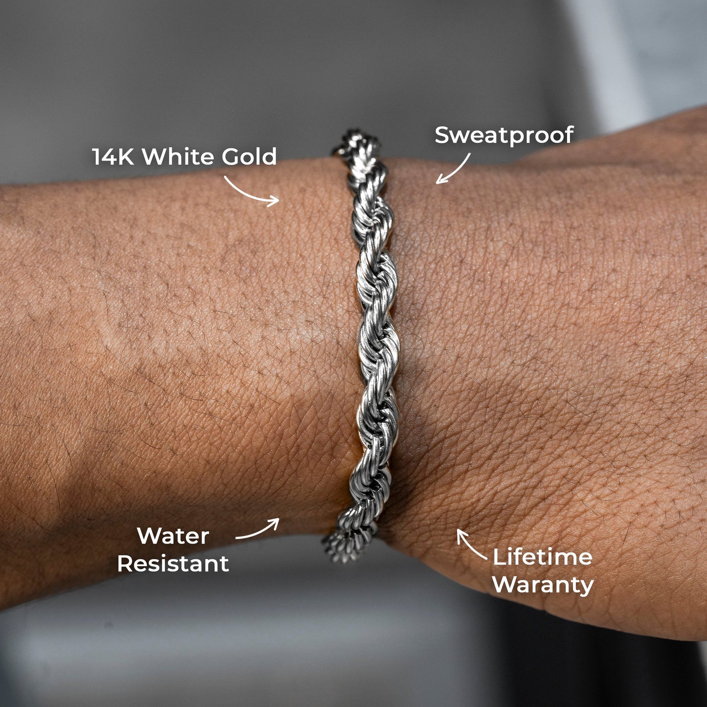 Gold Jewelry -  Mens 14K White Gold Solid Rope Bracelet
