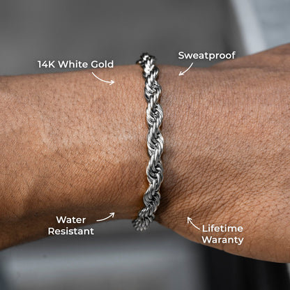Gold Jewelry -  Mens 14K White Gold Solid Rope Bracelet