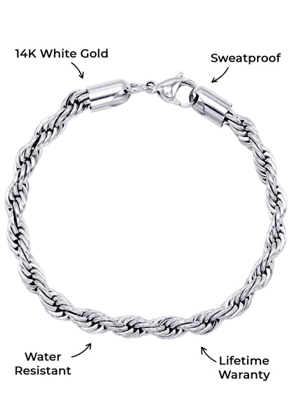 Gold Jewelry -  Mens 14K White Gold Solid Rope Bracelet