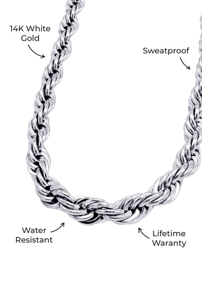 Gold Jewelry -  Mens 14K White Gold Solid Rope Chain