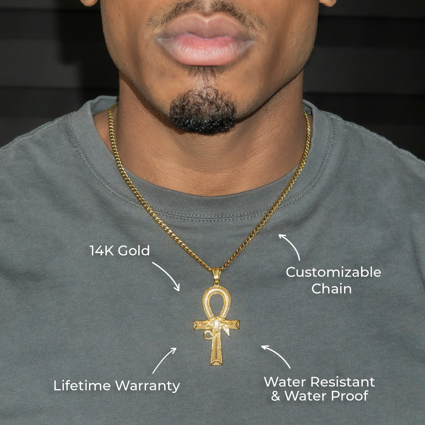 Mens Jewelry - 14K Gold Ankh Eye Of Ra Necklace | Appx. 10 Grams