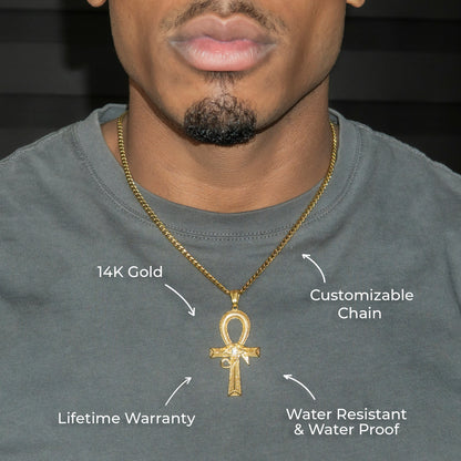 Mens Jewelry - 14K Gold Ankh Eye Of Ra Necklace | Appx. 10 Grams