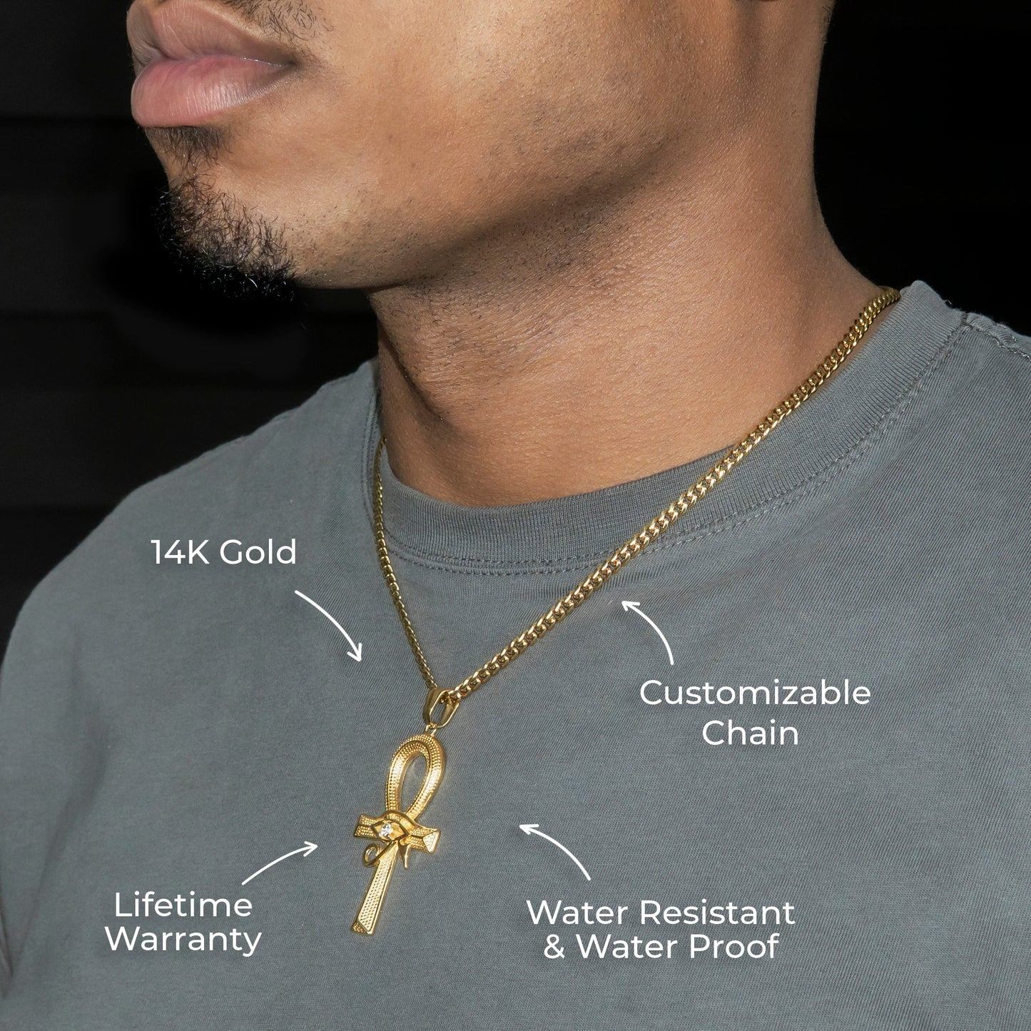 Mens Jewelry - 14K Gold Ankh Eye Of Ra Necklace | Appx. 10 Grams