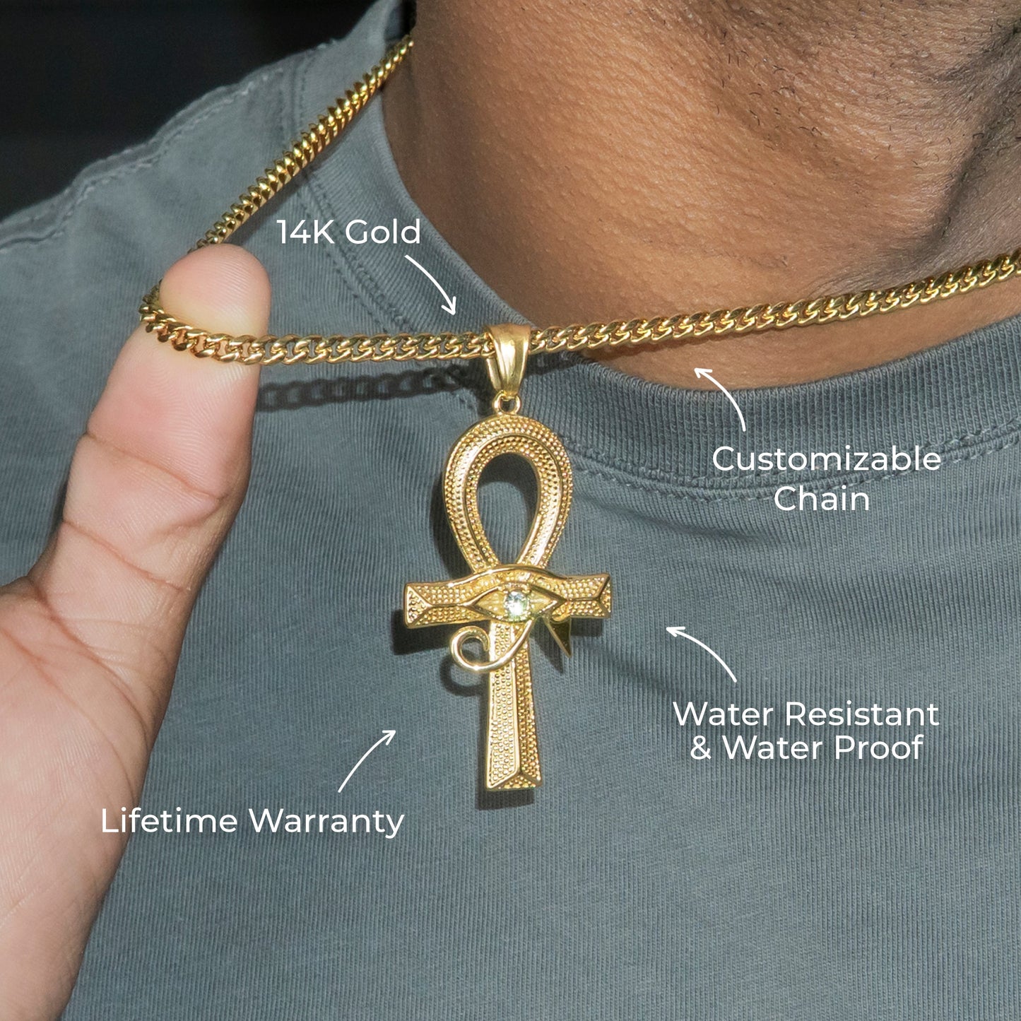 Mens Jewelry - 14K Gold Ankh Eye Of Ra Necklace | Appx. 10 Grams