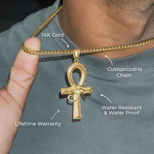 Mens Jewelry - 14K Gold Ankh Eye Of Ra Necklace | Appx. 10 Grams