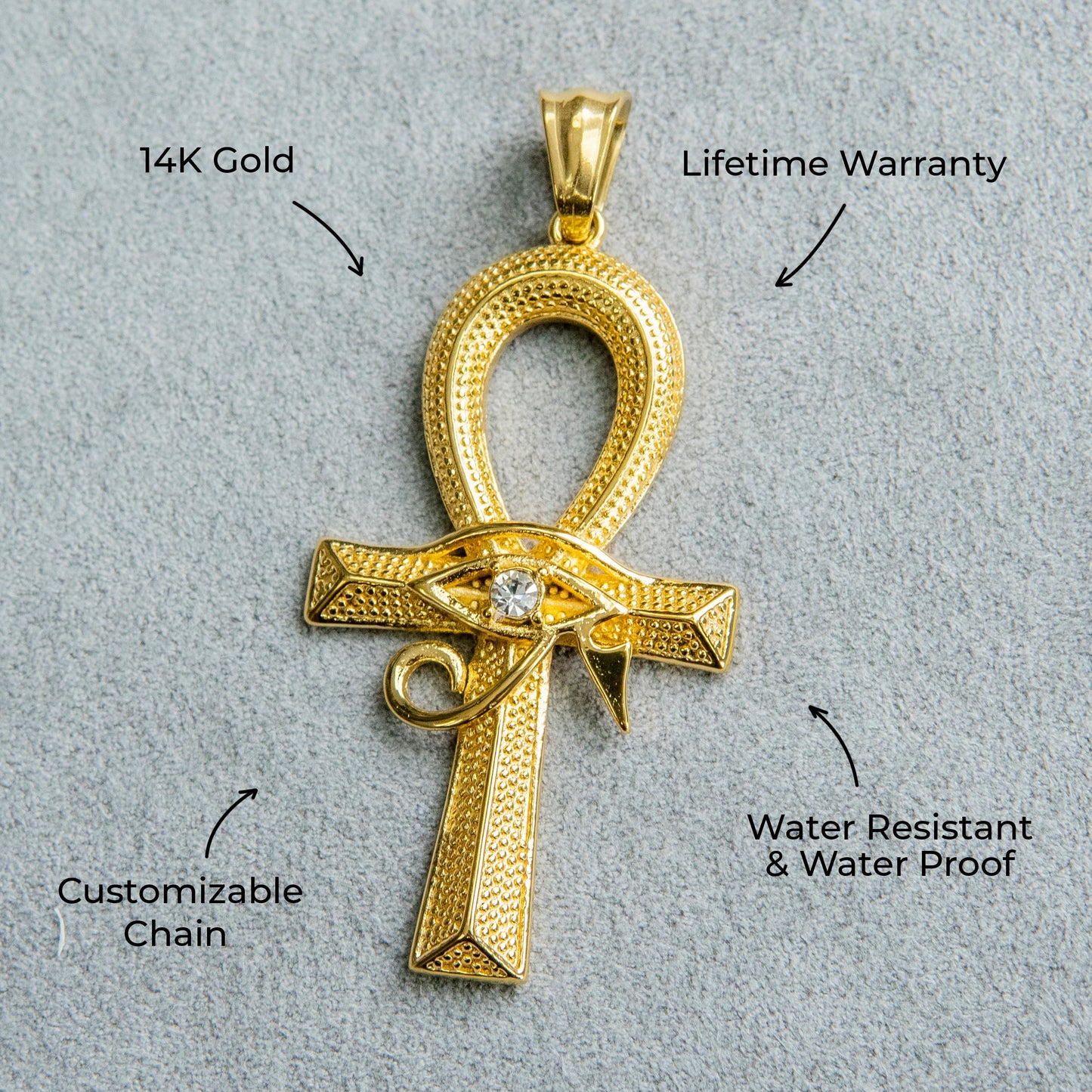 Mens Jewelry - 14K Gold Ankh Eye Of Ra Necklace | Appx. 10 Grams