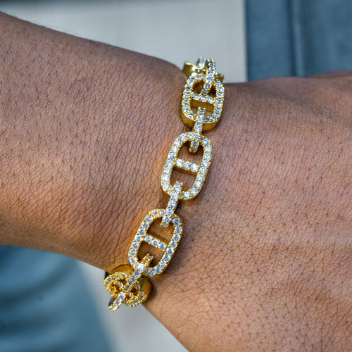Gold Jewelry -  Mens 14K Gold Iced Out VVS Tennis Mariner Bracelet