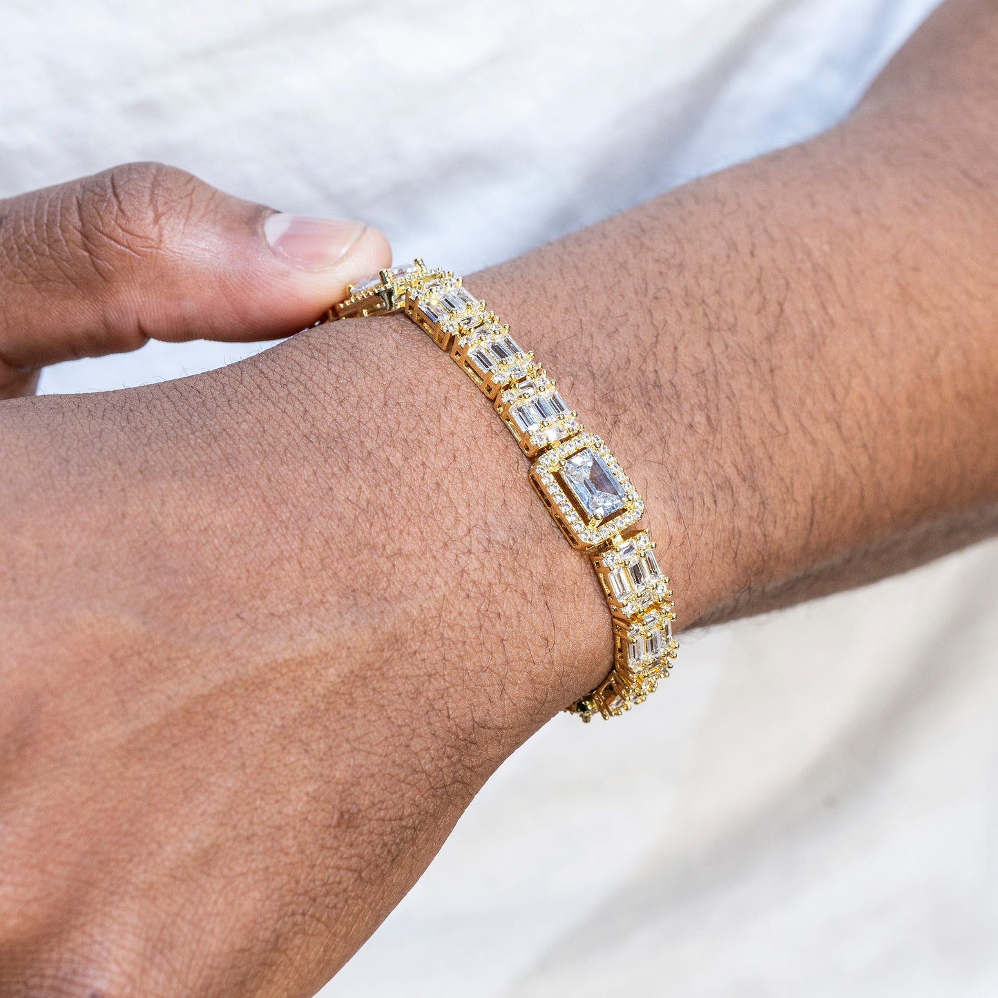 Gold Jewelry -  Mens 14K Gold Baguette Cluster Iced Out VVS Tennis Bracelet