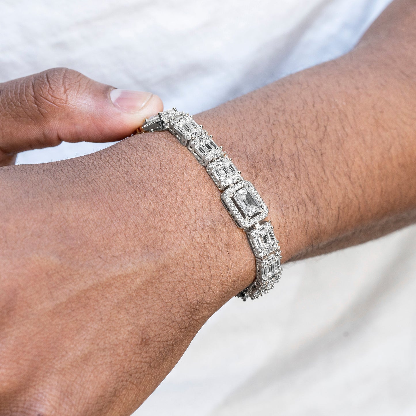 Gold Jewelry -  Mens 14K White Gold Iced Out VVS Baguette Tennis Bracelet