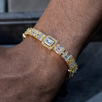 Gold Jewelry -  Mens 14K Gold Baguette Cluster Iced Out VVS Tennis Bracelet