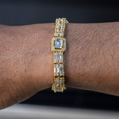 Gold Jewelry -  Mens 14K Gold Baguette Cluster Iced Out VVS Tennis Bracelet