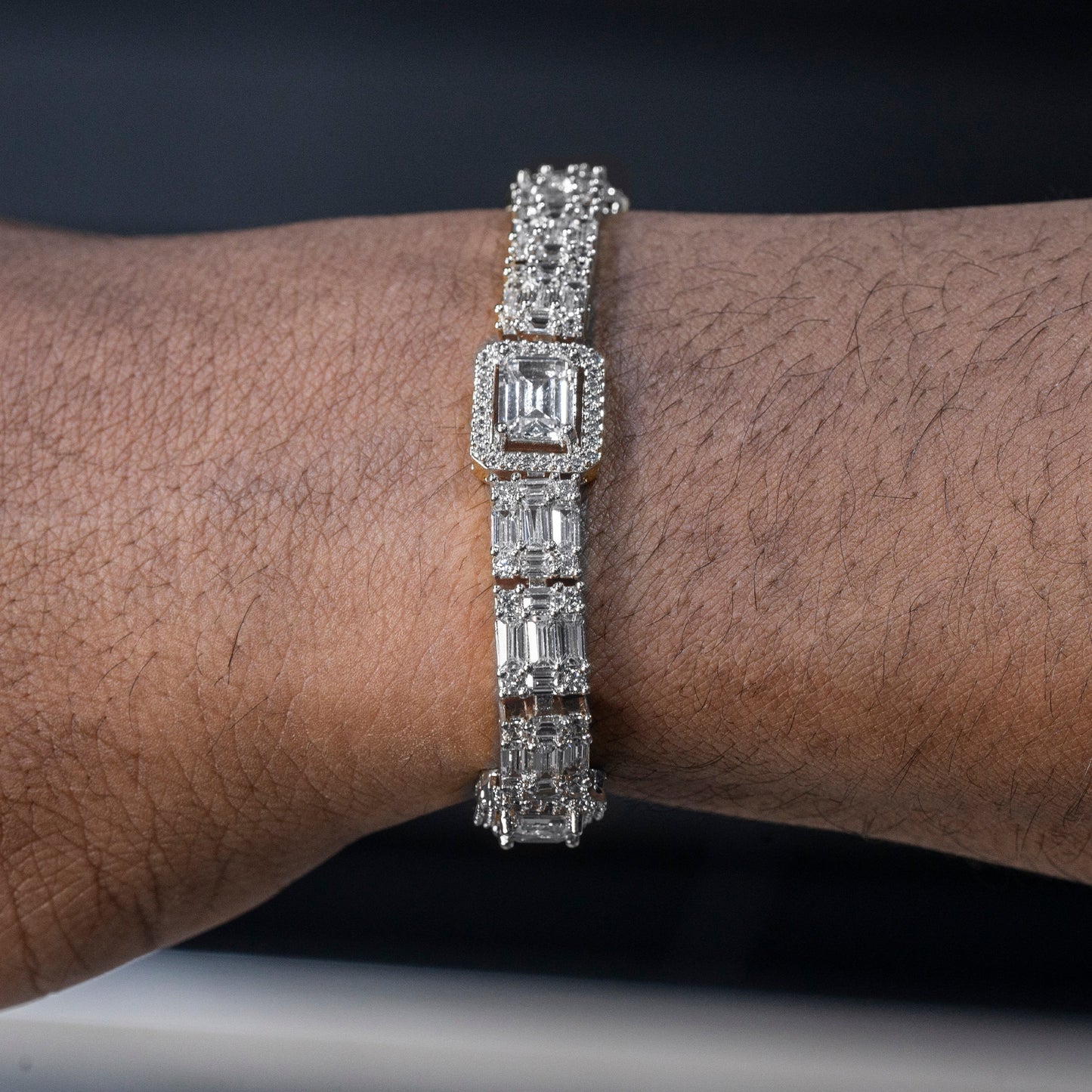 Gold Jewelry -  Mens 14K White Gold Iced Out VVS Baguette Tennis Bracelet