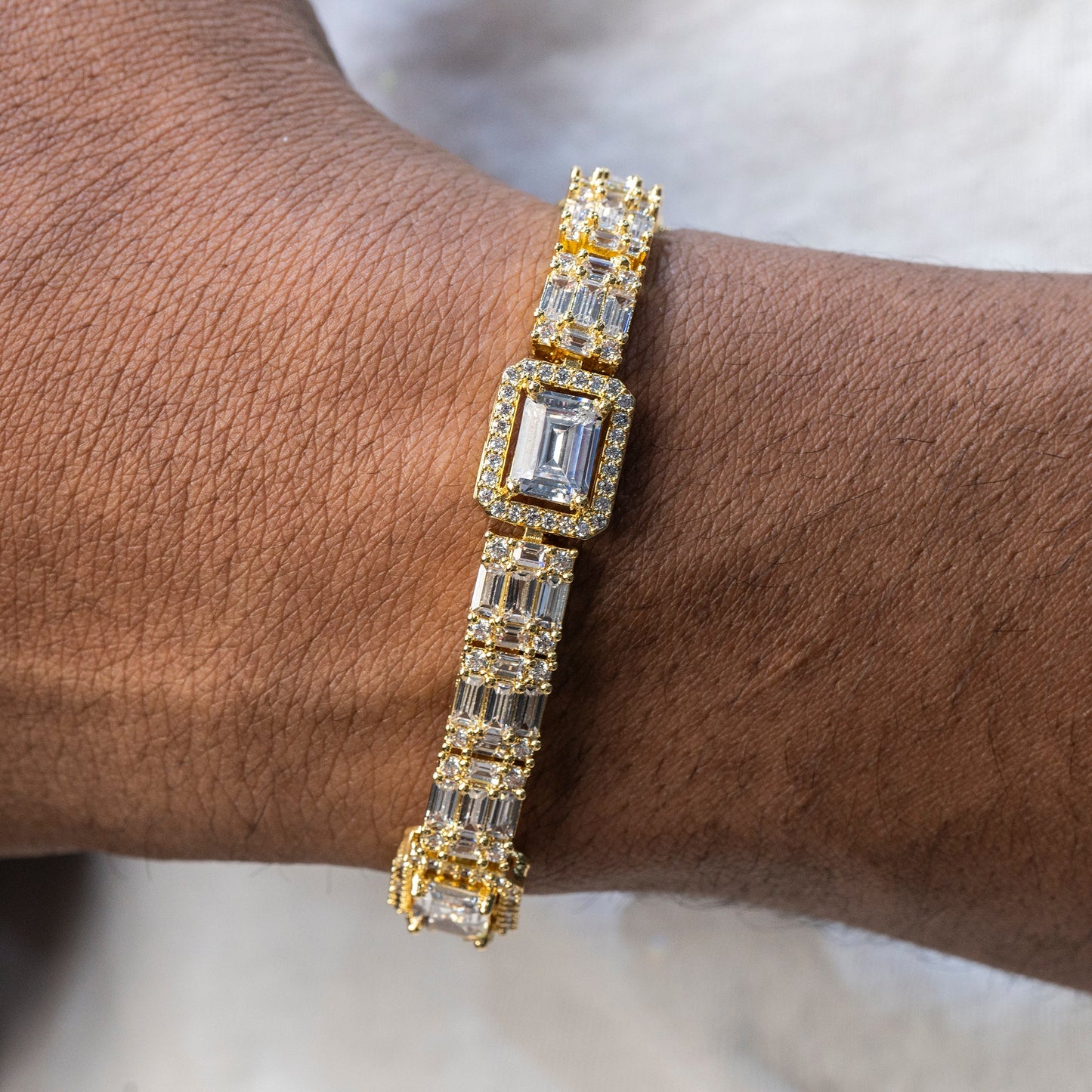 Gold Jewelry -  Mens 14K Gold Baguette Cluster Iced Out VVS Tennis Bracelet
