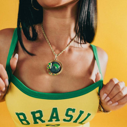 Diamond Brazil Spinning Globe Flag Pendant in Yellow Gold