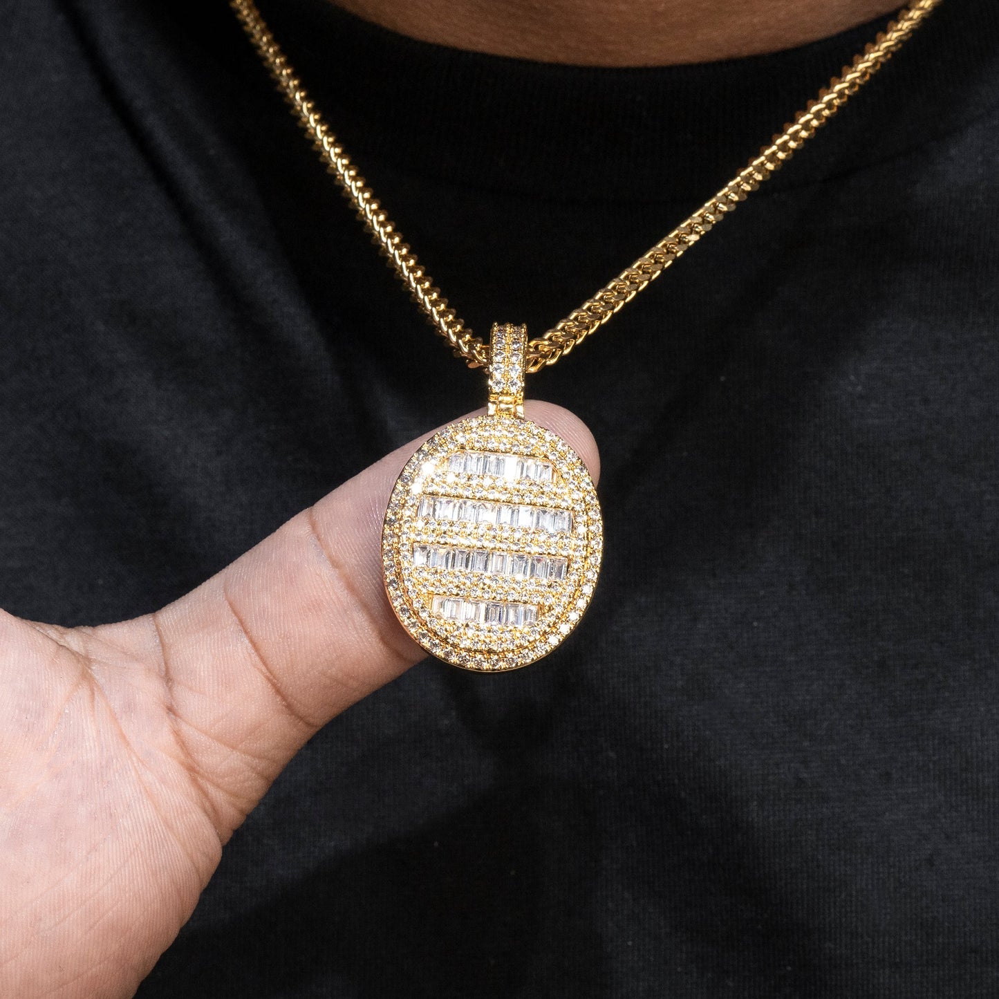 Mens Jewelry -  Gold Iced Out VVS Oval Baguette Dog Tag Necklace | Appx. 17.4 Grams