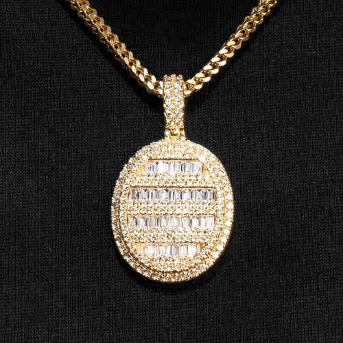 Mens Jewelry -  Gold Iced Out VVS Oval Baguette Dog Tag Necklace | Appx. 17.4 Grams