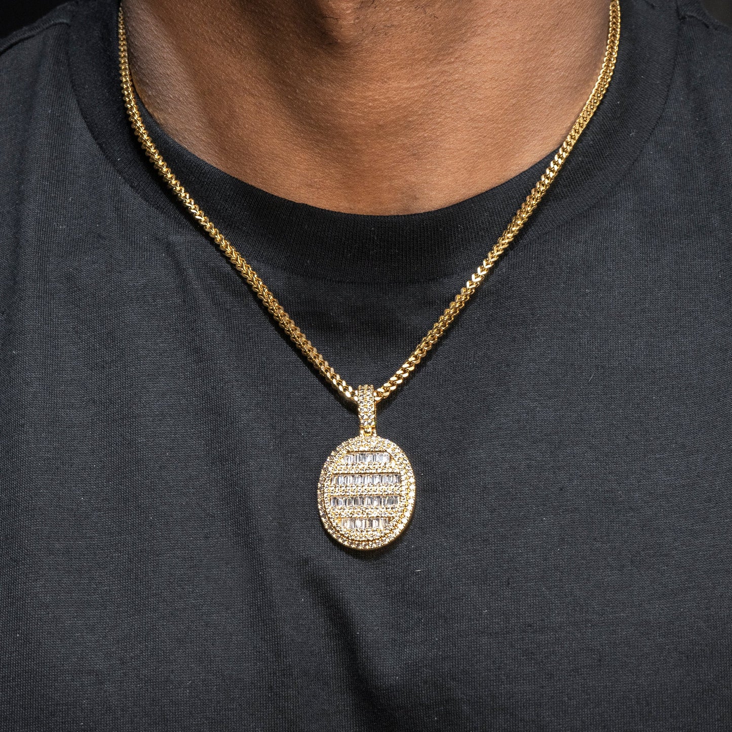 Mens Jewelry -  Gold Iced Out VVS Oval Baguette Dog Tag Necklace | Appx. 17.4 Grams