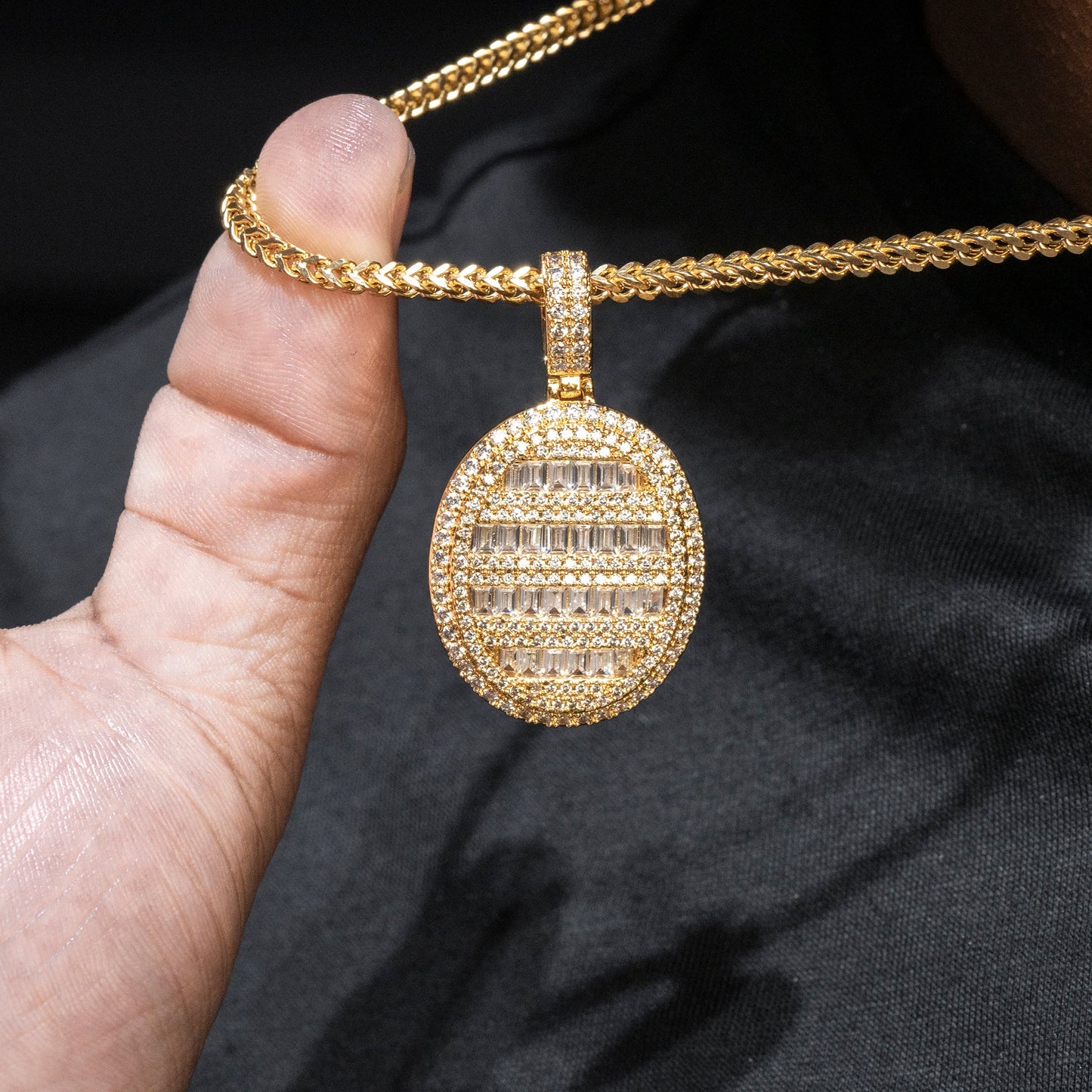 Mens Jewelry -  Gold Iced Out VVS Oval Baguette Dog Tag Necklace | Appx. 17.4 Grams