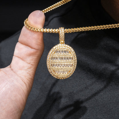 Mens Jewelry -  Gold Iced Out VVS Oval Baguette Dog Tag Necklace | Appx. 17.4 Grams