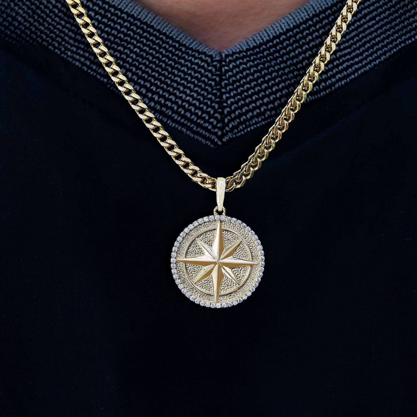 Compass Coin Pendant + 3mm Franco Chain Set in Yellow Gold