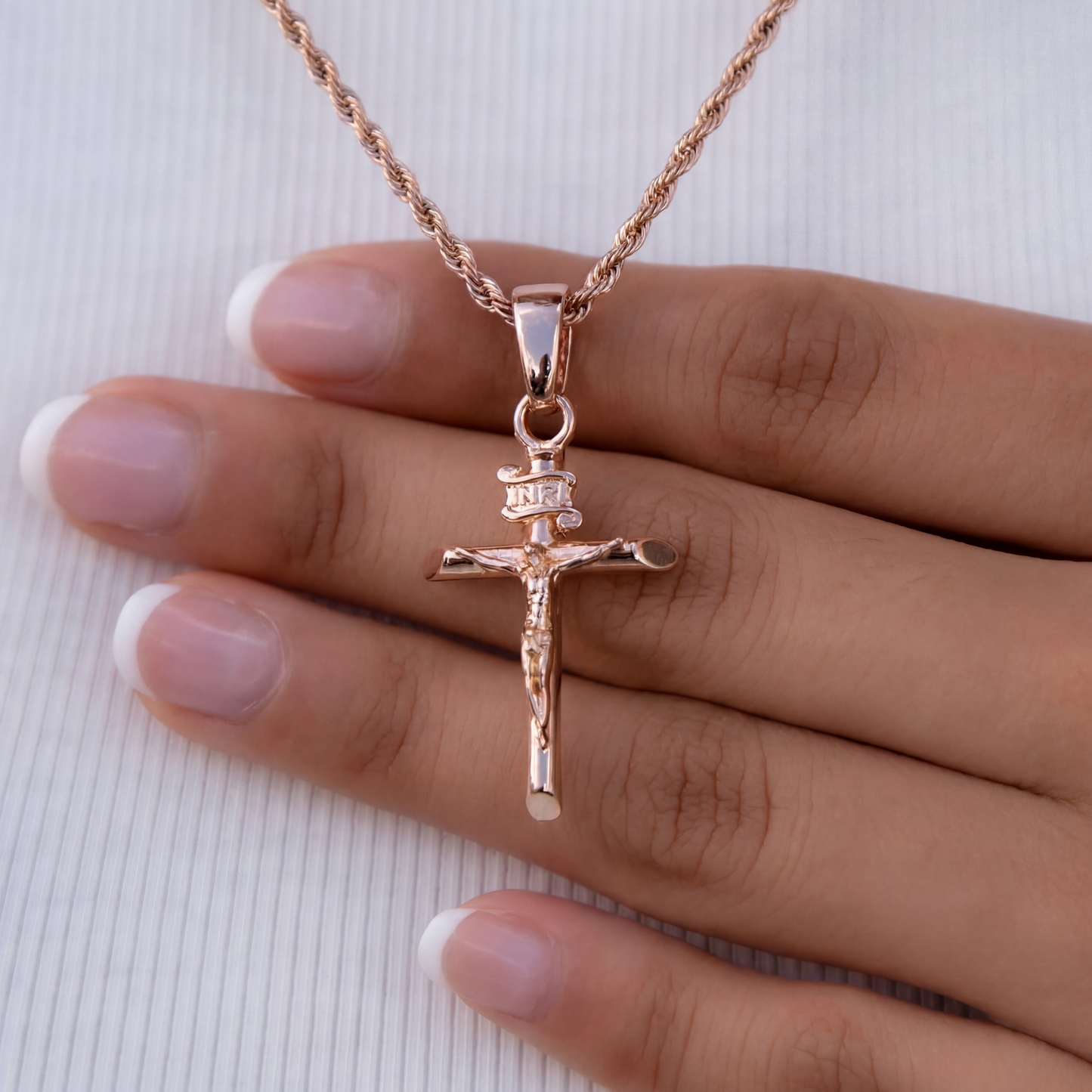 Crucifix Pendant + 2MM Rope Necklace Bundle in Rose Gold