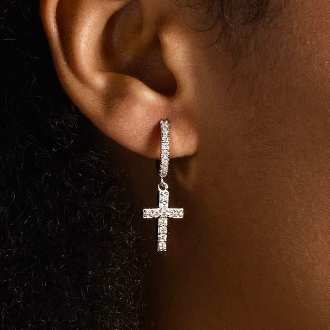 Diamond Cross Micro Huggie Hoop Earrings in White Gold
