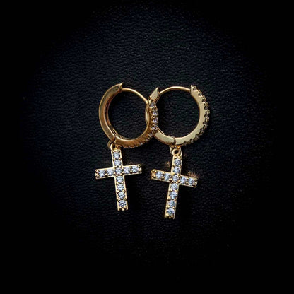Diamond Cross Extra Small Huggie Hoop Earrings in Yellow Gold