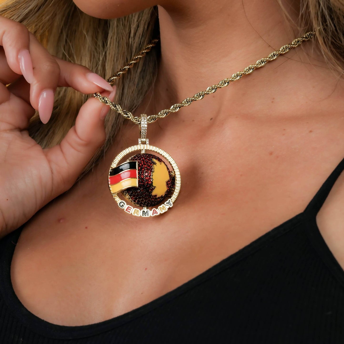 Diamond Germany Spinning Globe Flag Pendant in Yellow Gold
