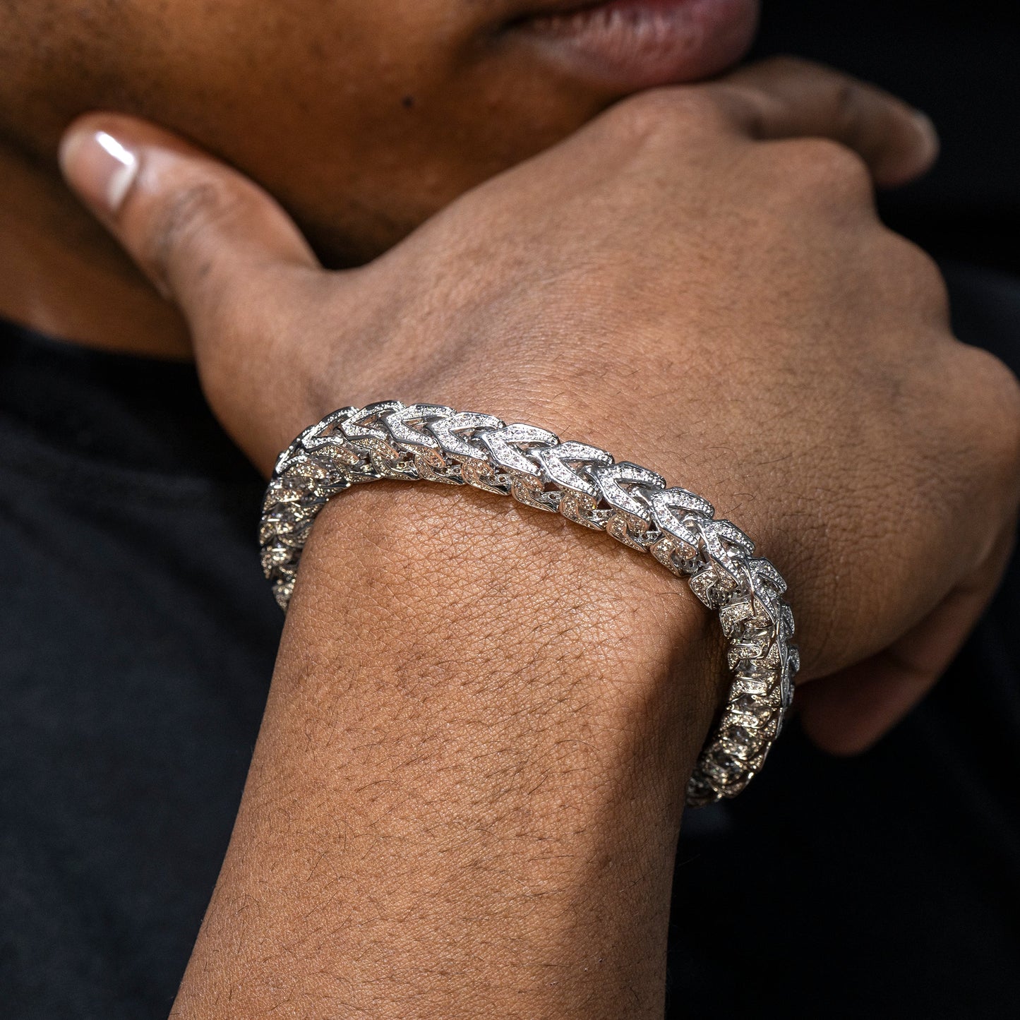 Gold Jewelry -  Mens 14K White Gold Iced Out VVS Solid Franco Bracelet