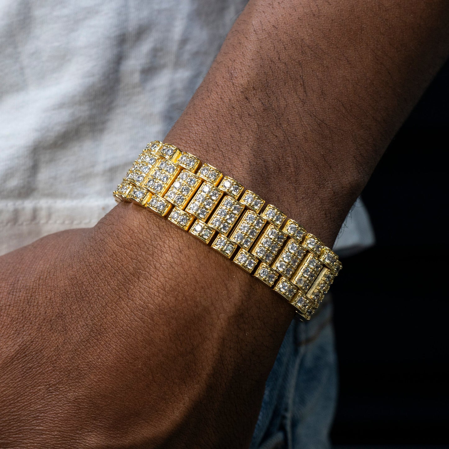 Gold Jewelry -  Mens 14K Gold Iced Out VVS Presidential Band Bracelet