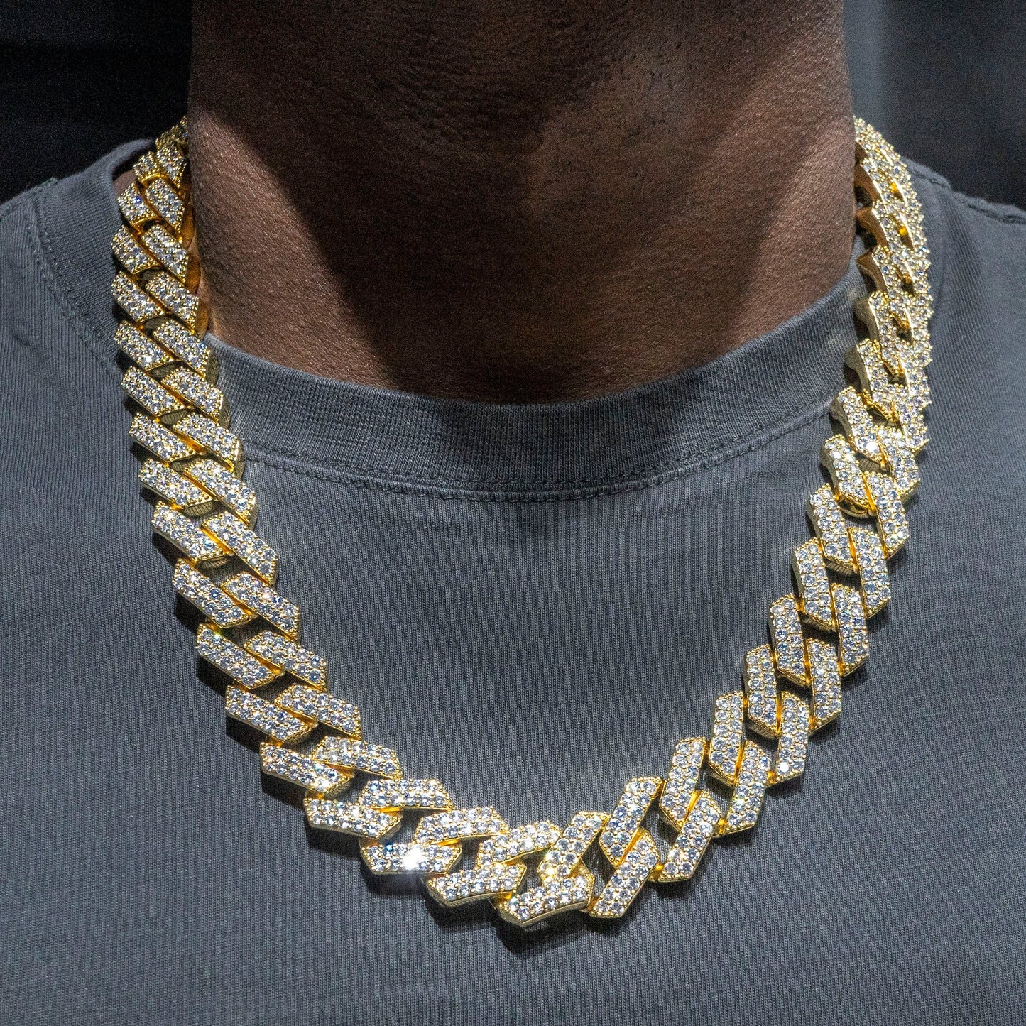 Gold Jewelry -  Mens 14K Gold Iced Out VVS Two Row Prong Set Miami Cuban Link Chain