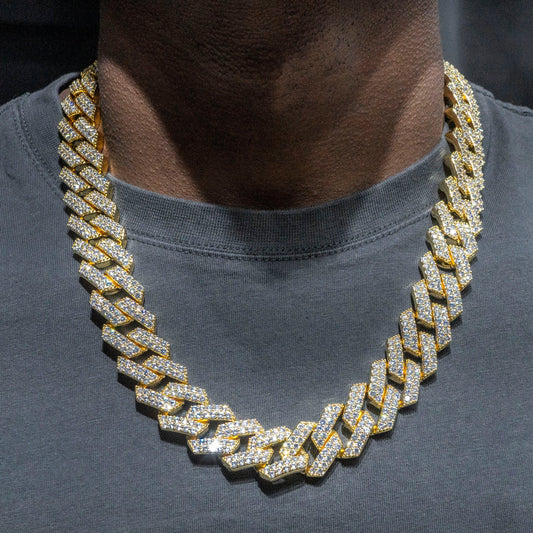 Gold Jewelry -  Mens 14K Gold Iced Out VVS Two Row Prong Set Miami Cuban Link Chain
