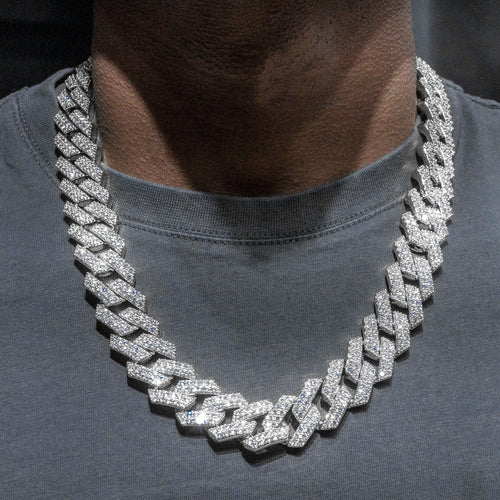 Gold Jewelry -  Mens 14K White Gold Iced Out VVS Prong Set Miami Cuban Link Chain
