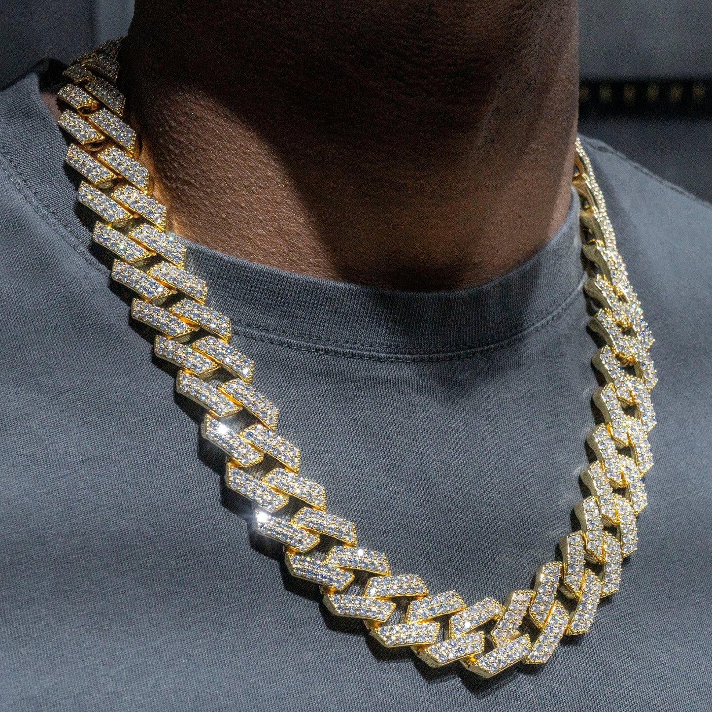 Gold Jewelry -  Mens 14K Gold Iced Out VVS Two Row Prong Set Miami Cuban Link Chain