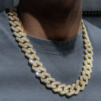 Gold Jewelry -  Mens 14K Gold Iced Out VVS Two Row Prong Set Miami Cuban Link Chain