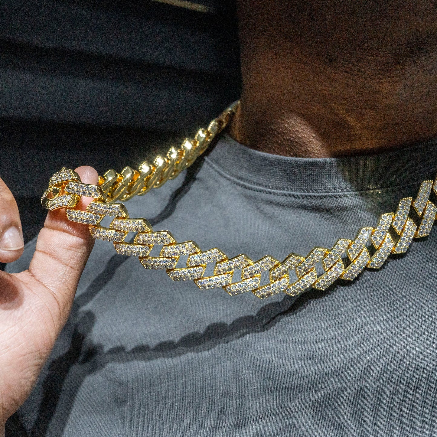 Gold Jewelry -  Mens 14K Gold Iced Out VVS Two Row Prong Set Miami Cuban Link Chain